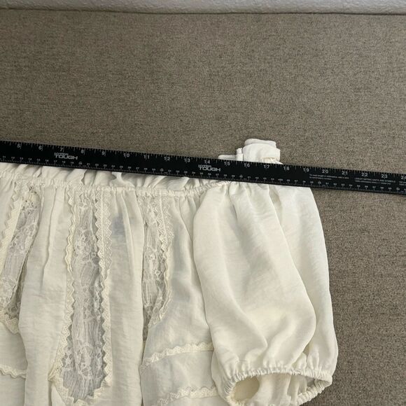 Vintage Blouse M Cream XOXO Lace Sheer Smocked Milkmaid Cottagecore Coquette Y2K - Picture 9 of 10